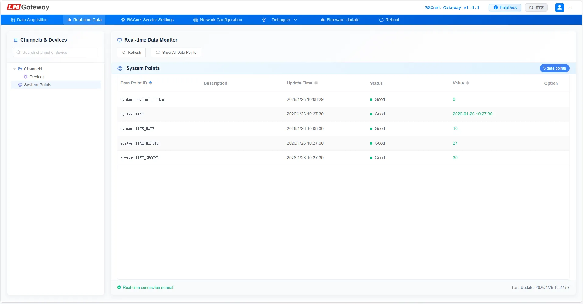 BACnet gateway real-time web monitoring interface